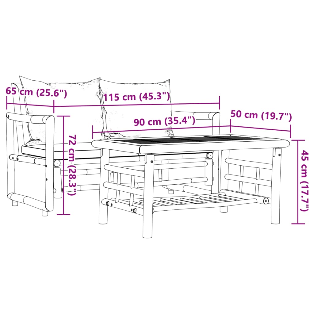 Bamboe Loungeset 2-Delig met Kussens en Tafel