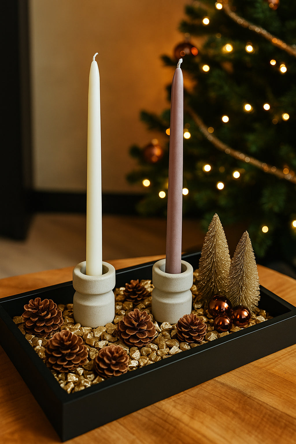 Luxe Zwart Kerst Dienblad met Kaarsen & Gouden Accenten