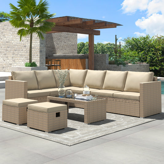 Luxe Rattan Hoek Loungeset 8 Personen – Tuinset met Tafel & Hockers