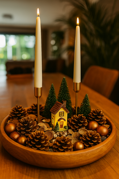 Luxe houten kerstcenterpiece met huisje & kaarsen