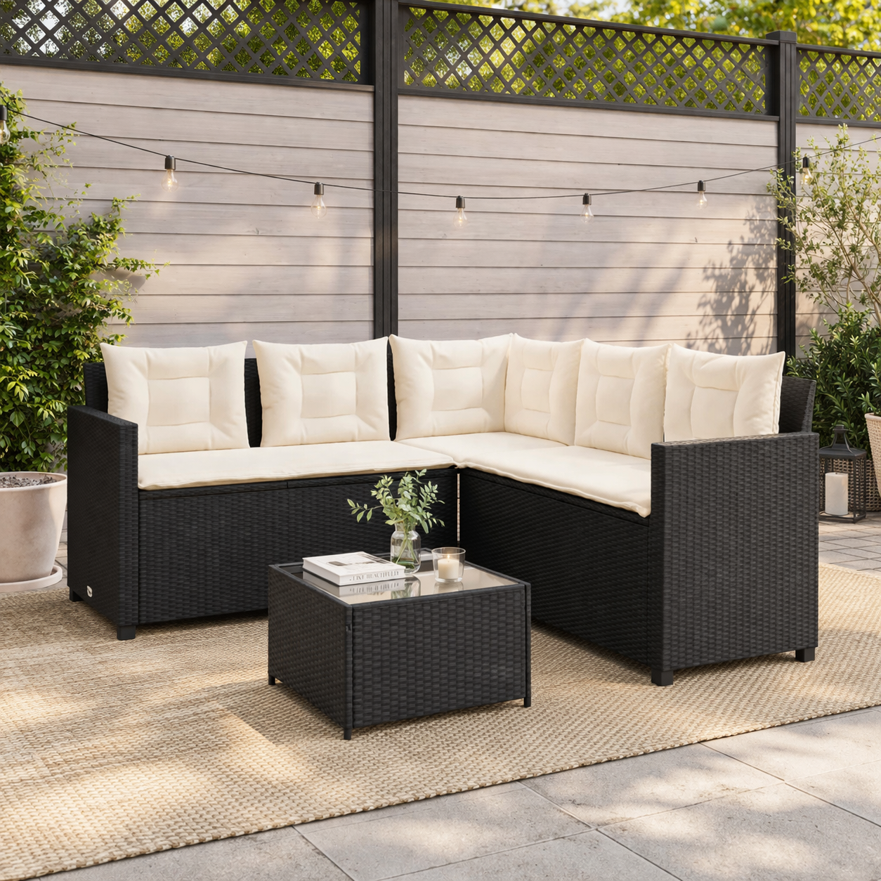 L-Vorm Loungeset Tuin met Tafel en Kussens
