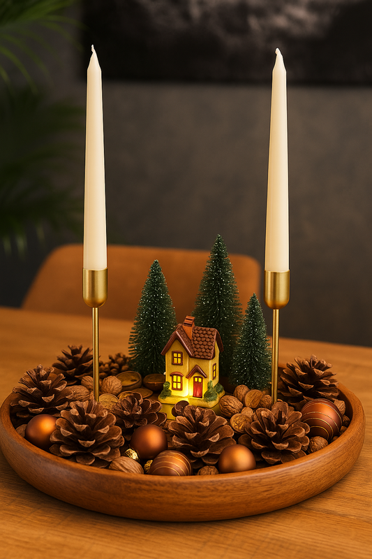 Luxe houten kerstcenterpiece met huisje & kaarsen