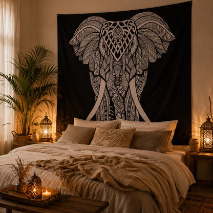 Tapiz de pared bohemio de elefante XL – Hecho a mano en India